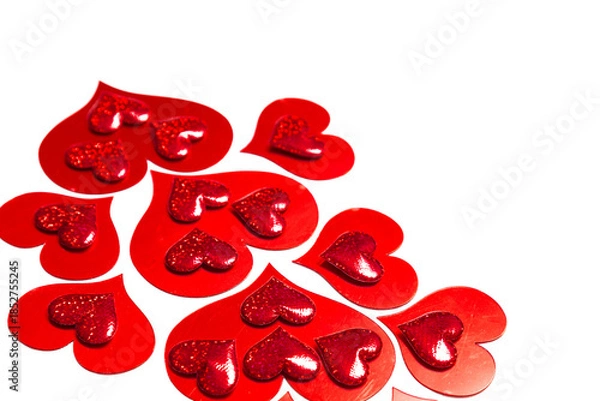 Obraz Red heart confetti on white background for Valentines Day. Love theme, decorative element for wedding, anniversary, birthday card.