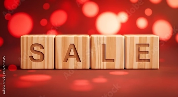 Fototapeta Wooden blocks spelling 'Sale' on red bokeh background  