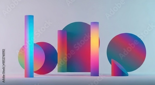 Obraz Rendered geometric forms in rainbow gradients, against a white backdrop