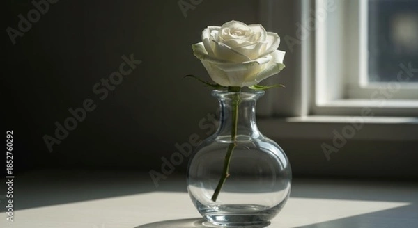 Obraz White rose in a clear glass vase, light streaming from a window