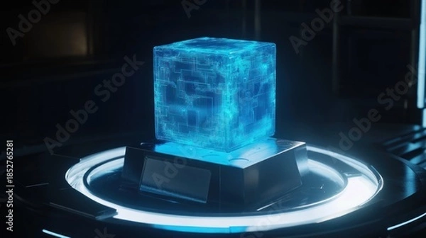Obraz Futuristic Glowing Blue Digital Cube with Circuit Patterns on a Sci-Fi Platform