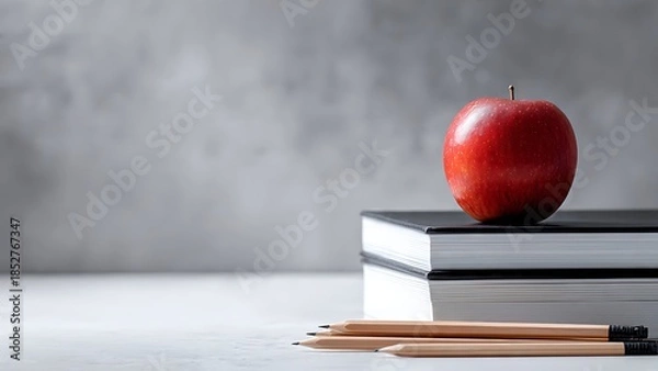 Obraz Red Apple Stacked on Black Books with Pencils in a Minimalist Setting