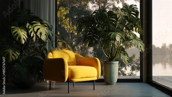 Obraz Bright 3D Interior Scene Featuring Stylish Yellow Chair and Plants