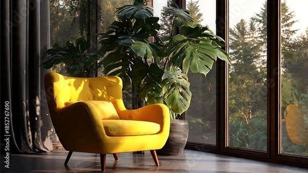 Obraz Bright and Sophisticated 3D Interior Scene with Cozy Yellow Chair