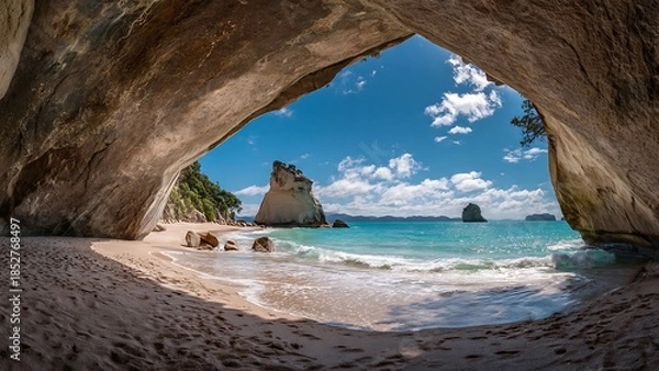 Obraz Panoramic Coastal View from Cave Overlooking Cathedral Rock Formation