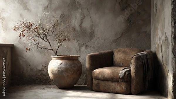 Obraz Cozy 3D Interior Scene with Brown Textures and Artistic Decor Elements