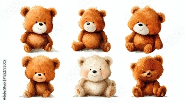 Obraz Watercolor teddy bear element set on white background