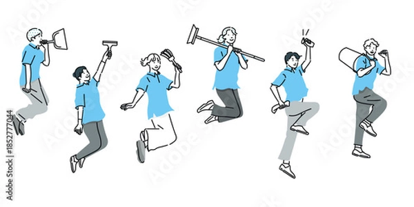 Fototapeta ブラシや掃除道具を持ってジャンプする清掃員ーチームワークーハウスクリーニングーベクター人物イラスト