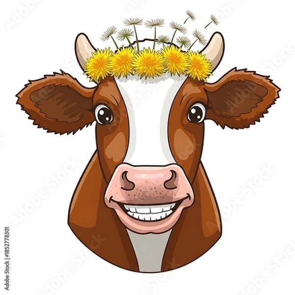Fototapeta タンポポの冠、笑顔の牛さん