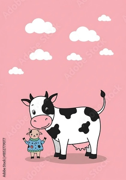 Obraz 空想牧場の手描きイラスト: 母牛と子羊