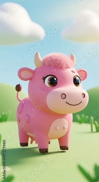 Obraz 春の牧場 ピンクの仔牛