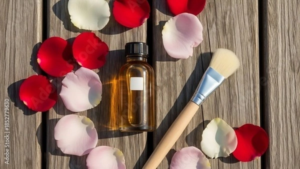 Obraz Aromatherapy and spa preparation: amber liquid in a glass bottle with rose petals and a cosmetic brush on a wooden surface