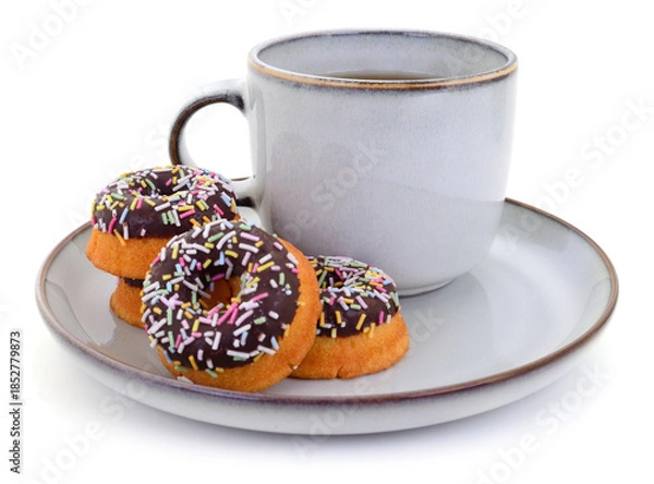 Obraz Cup of tea and chocolate mini donuts isolated on white background