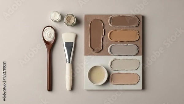 Obraz Cosmetic creams and color swatches for makeup application and product development, with brushes and spoons.