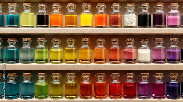 Fototapeta Colorful glass bottles filled with various vibrant liquids arranged neatly on wooden shelves, showcasing a spectrum of hues and textures in an artistic display of color