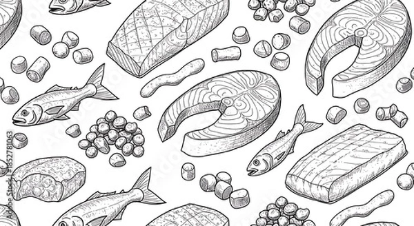 Obraz 線描の魚介、無限のパターン