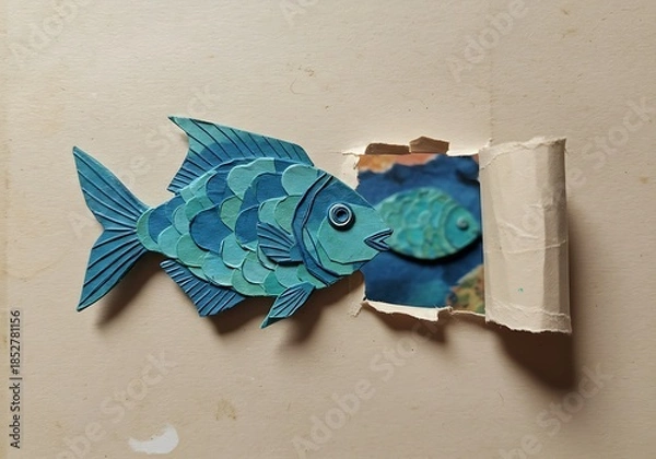 Obraz 紙と絵の具の深淵: 青い魚の物語