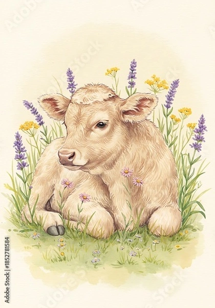 Obraz 水彩の仔牛と野花