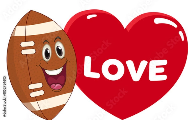 Obraz Cute cartoon American football character surrounded by hearts and love messages. Ideal for Valentine’s Day greeting cards, romantic sports designs, stickers, prints and digital decorations.