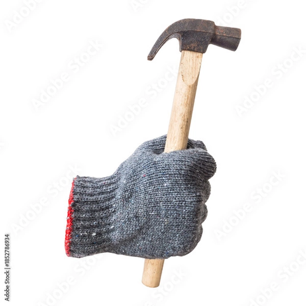 Obraz worker hand with glove holding rustic hammer isolated