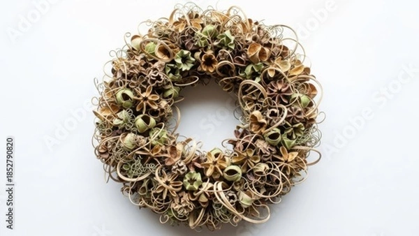 Fototapeta WREATH OF DRY CURLED BOTANICAL ELEMENTS, RICH LAYERED TEXTURE ON WHITE