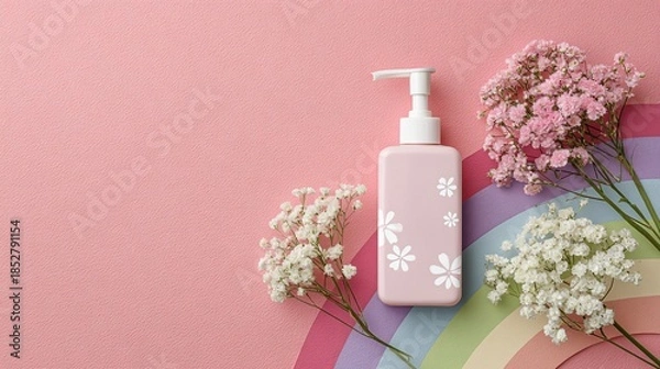 Fototapeta Overhead shot of pink soap dispenser, baby's breath, and paper rainbow on pink backdrop