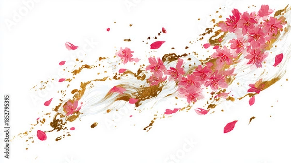 Obraz 白背景に金の筆跡と桜が舞う、華やかで高級感あふれる和モダン背景