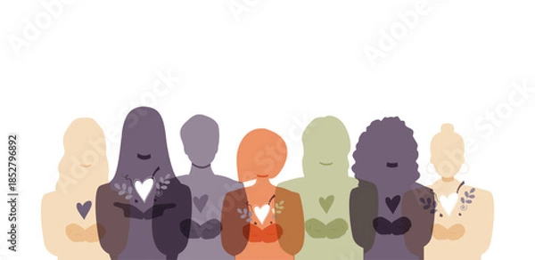 Obraz Women standing together. Palms together, extended forward in a gesture of offering. International Women's Day 2026 concept. #GiveToGain