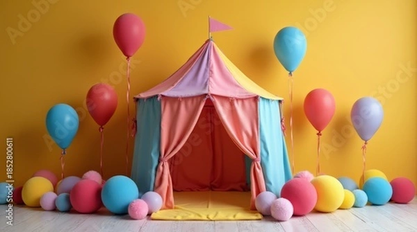 Obraz Vibrant fabric play tent with colorful balloons and soft balls on a wooden floor against a yellow background, symbolizing fun and play. Concept of playhouse in child room