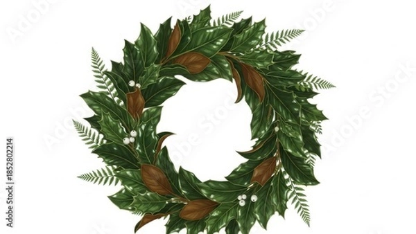 Fototapeta ILLUSTRATION OF A WREATH WITH DEEP GREEN TEXTURED FOLIAGE, LUSH DETAIL, GLOSSY HIGHLIGHTS, ELEGANT STYLE ON WHITE BACKGROUND