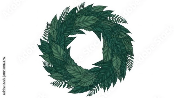 Fototapeta ILLUSTRATION OF DEEP GREEN STRUCTURED LEAF PATTERN WREATH ON WHITE
