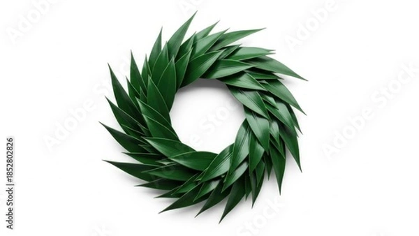 Fototapeta  STYLIZED WREATH WITH DEEP GREEN PLASTIC-GLOSS LEAVES, UNIQUE MODERN LOOK ON WHITE