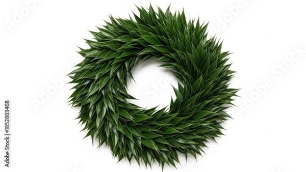 Obraz WREATH FEATURING DEEP GREEN POINTED LEAVES, GLOSSY POLISHED EFFECT ON WHITE 