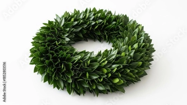 Fototapeta  WREATH MADE OF DEEP GREEN GLOSSY LEAVES, DENSE AND LUXURIOUS TEXTURE, FLOATING ON WHITE