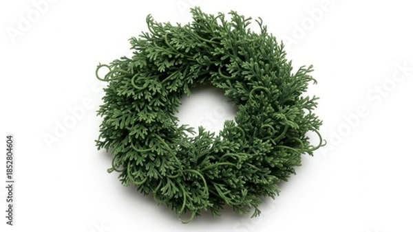 Obraz WREATH WITH DEEP GREEN FLUFFY FOLIAGE, UNIQUE TEXTURE, CLEAN WHITE BACKGROUND