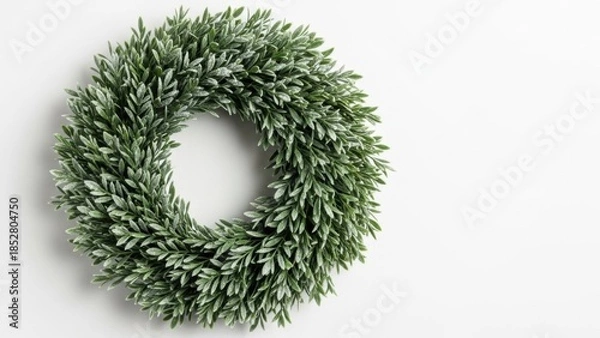 Fototapeta WREATH WITH DEEP GREEN FROSTED FOLIAGE, CRISP TEXTURE, CLEAN MINIMAL WHITE BACKDROP