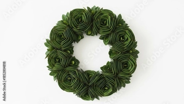 Obraz WREATH WITH DEEP GREEN LEAF CLUSTERS SHAPED IN SOFT GEOMETRIC PATTERNS ON WHITE