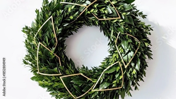 Fototapeta WREATH WITH DEEP GREEN LEAF CLUSTERS SHAPED IN SOFT GEOMETRIC PATTERNS ON WHITE