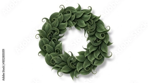 Obraz WREATH WITH DEEP GREEN LEAF CURLS AND HIGH DETAIL, ON WHITE