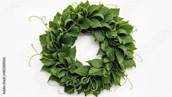 Fototapeta WREATH WITH DEEP GREEN LEAF CURLS AND HIGH DETAIL, ON WHITE