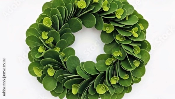 Fototapeta  WREATH WITH DEEP GREEN ROUNDED LEAVES, PLUSH TEXTURE, SOFT GLOSS ON WHITE