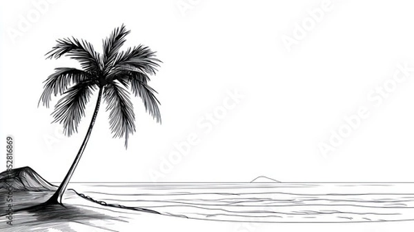 Obraz Coastal scene palm tree silhouette on white background with copy space
