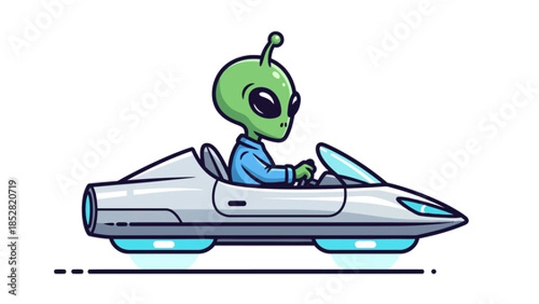 Obraz Cartoon alien driving a futuristic hovercar