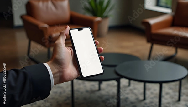 Obraz Businessman holding smartphone with blank white screen on modern coffee table in upscale lounge, mobile mockup and modern lifestyle concept