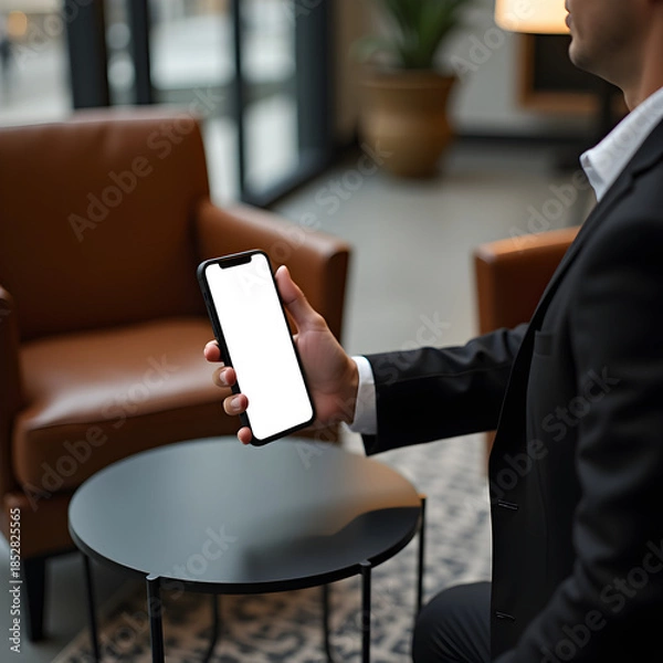 Obraz Businessman holding smartphone with blank white screen on modern coffee table in upscale lounge, mobile mockup and modern lifestyle concept