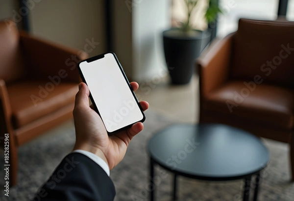 Obraz Businessman holding smartphone with blank white screen on modern coffee table in upscale lounge, mobile mockup and modern lifestyle concept