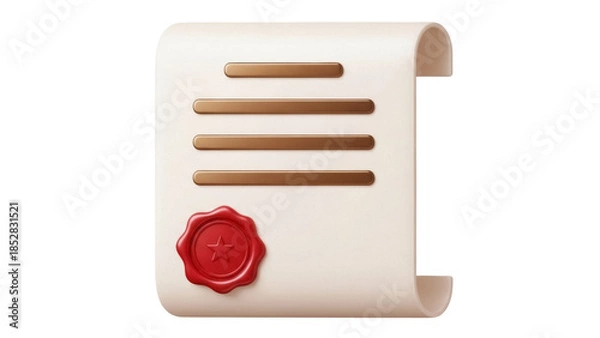 Fototapeta Official document with red wax seal isolated PNG, certificate of achievement or diploma on transparent background, legal agreement