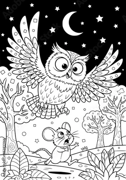 Obraz The owl is chasing the mouse. coloring book