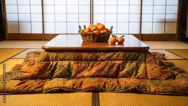 Obraz 障子を背景にした畳の和室にあるこたつとカゴに盛られたみかんの日本の冬のイメージ
