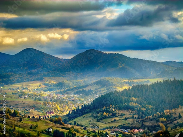 Obraz Sunny Autumn Carpathians with Puffy White During The Sunset